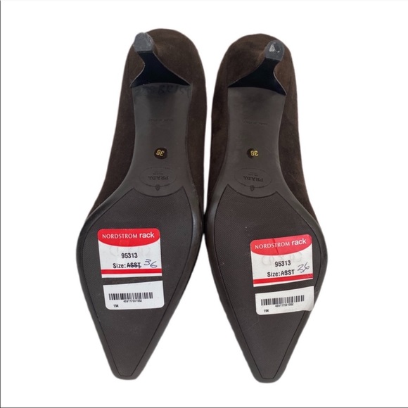 98. Prada NWT Brown Suede Square Pointed Toe Logo Pump 36 - Picture 4 of 9